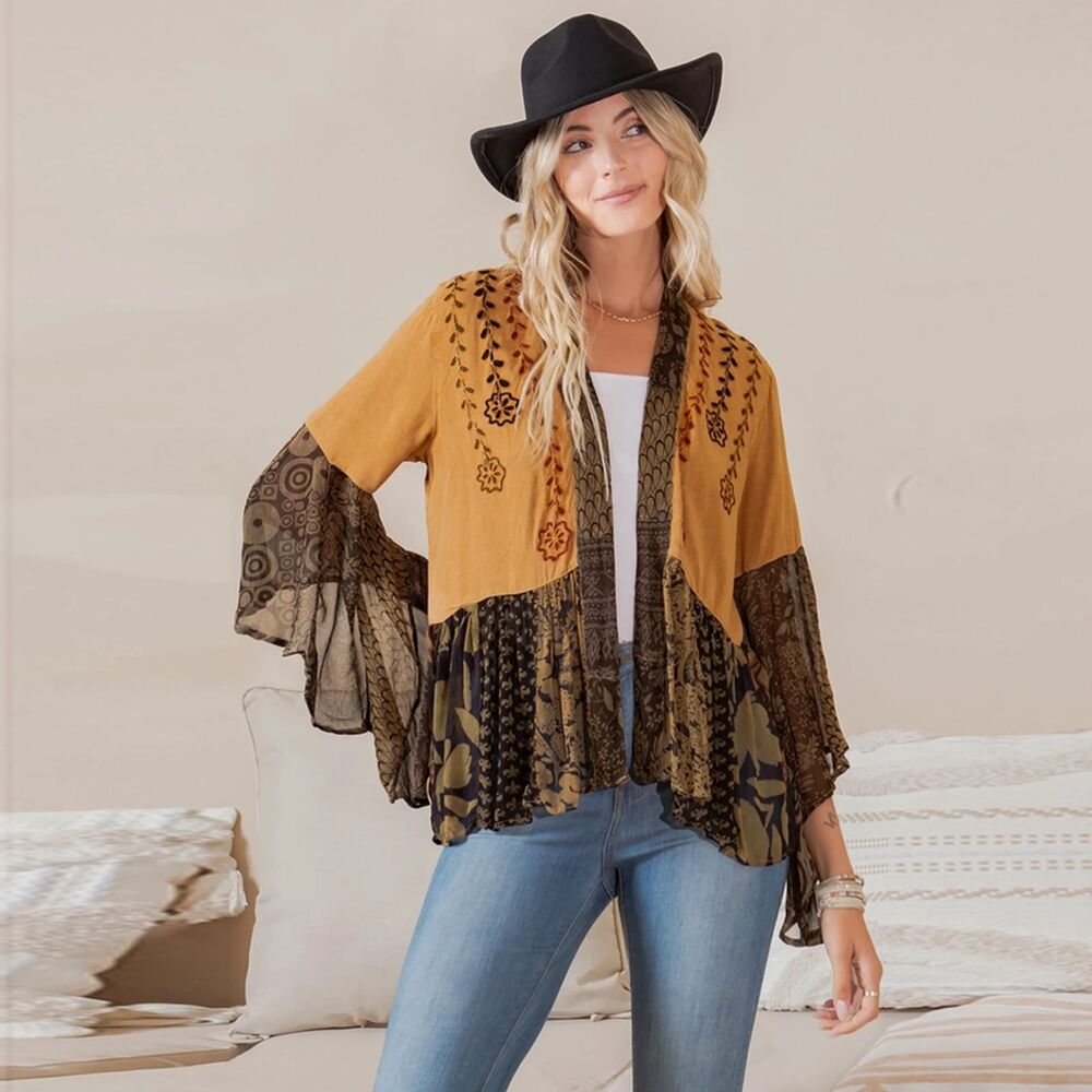 Young Threads Printed Rayon Kimono Shrug with Embroidery Size Small